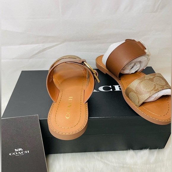 New women Coach Hallie Signature Sandals Khaki leather size 5.5 - Picture 7 of 10